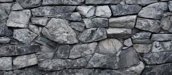 A detailed closeup of a bedrock stone wall constructed with large grey rocks and brickwork. The monochrome photography captures the texture and details of the building material