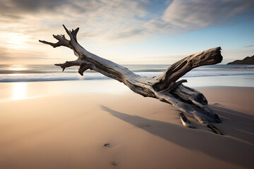 Driftwood Solitude: An Evocative Study of Weathered Wood Amidst a Serene Seascape Bathed in Morning Light - obrazy, fototapety, plakaty