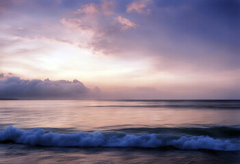 Obraz premium Misty Lilac Seascape With Pink Clouds stock photoSky Sunset Pink Color Sea Cloud - Sky