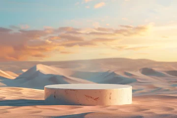 Wandcirkels aluminium product podium presentation with desert sand dunes background for advertisement © ciaoaleandro