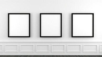 Minimalist Blank three black frame mockup on white wall art gallery with wooden tiles created with Generative AI Technology