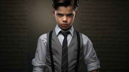Obraz premium A young boy in a tie and suspenders. Generative AI.