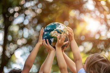 Kids hands take globe Earth encircled by verdant forest flora, depicting nature, environment, sustainability, ESG, and climate change awareness