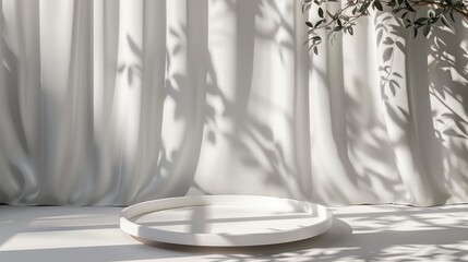 3d render empty wooden tray table on white satin curtains background. AI generated image