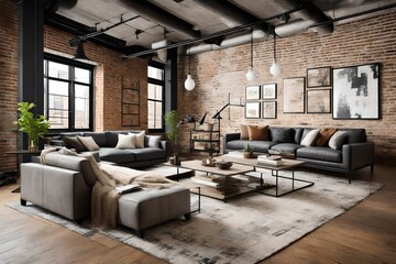 an urban chic living space with industrial accents,  brick, and contemporary furnishings, embodying the fusion of city aesthetics and modern comfort.