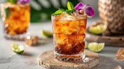 Mai Tai: rum cocktail with lime and almonds, pineapple on a bar counter background with ice cubes, lime ,flower. - obrazy, fototapety, plakaty