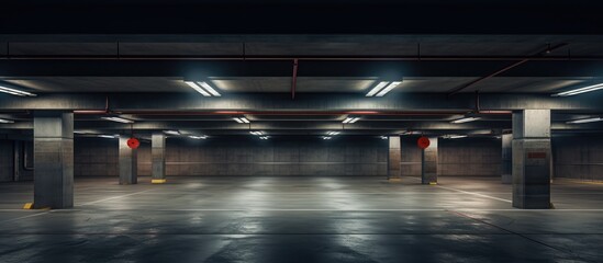 Empty parking garage with overhead lighting and a hanging exit signal.