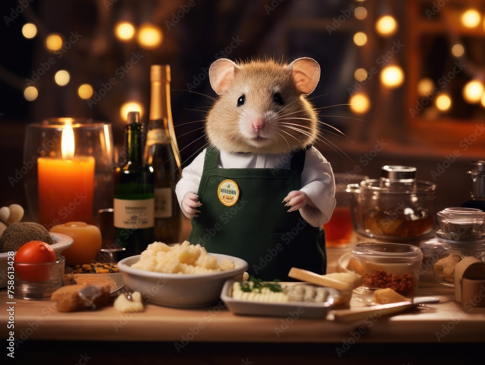 Poster a mouse dressed in an apron standing next to a table full of food. generative ai.