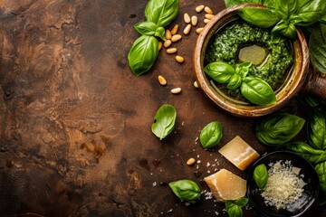 Fresh spinach and creamy cheese in a bowl, presented on a wooden table - obrazy, fototapety, plakaty