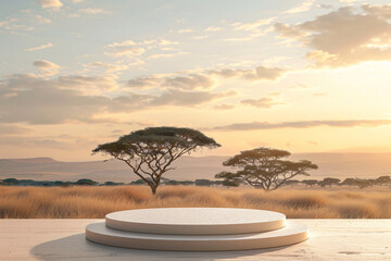 product podium presentation for advertisement with tree and mountain africa savanna background