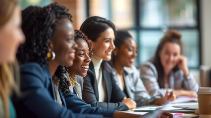 A diverse group of women sitting around an office table, smiling and engaged in conversation during a work meeting