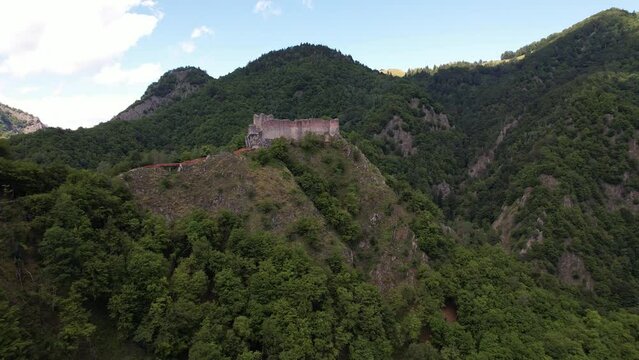 The historic poenari citadel amidst lush greenery, aerial view