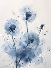 A beautiful watercolor painting of dandelions, a flowering plant known for its electric blue petals, capturing the symmetry and beauty of nature
