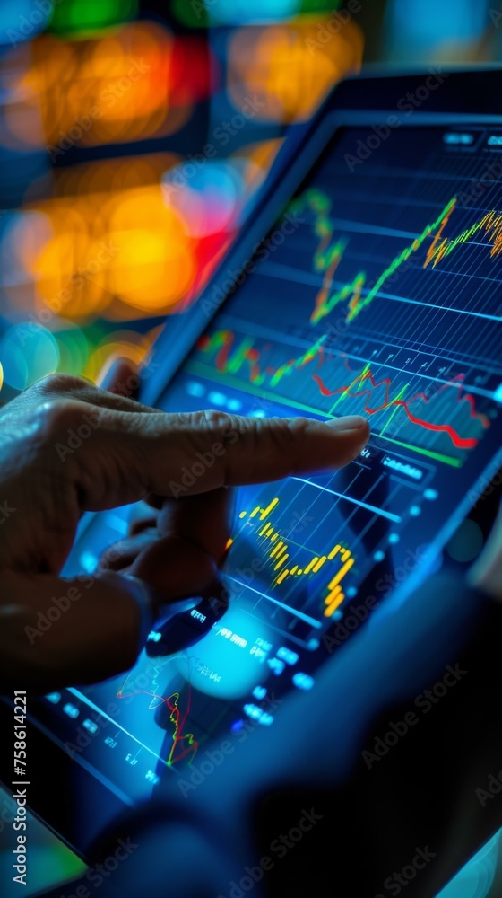 Poster man using tablet with stock market graph. generative ai.