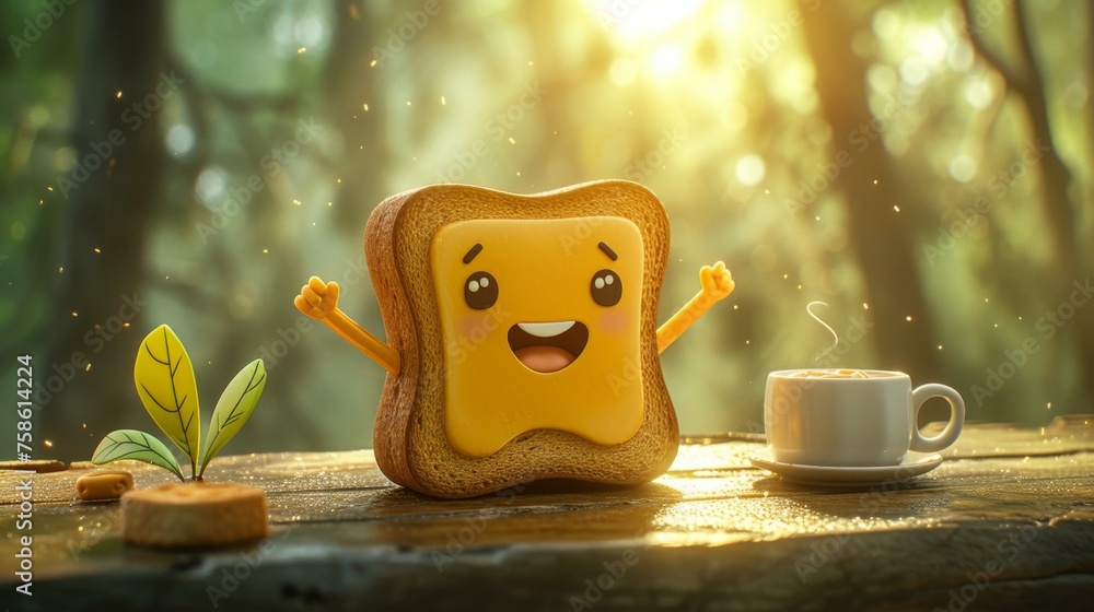 Poster toast with coffee and toast in the forest. generative ai.