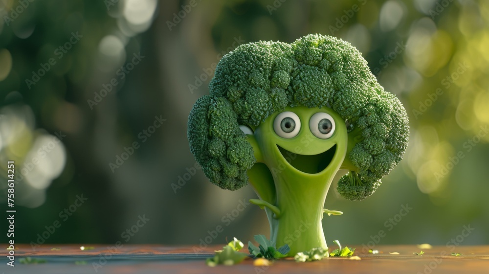 Aufkleber a happy broccoli character is smiling and looking happy. generative ai.