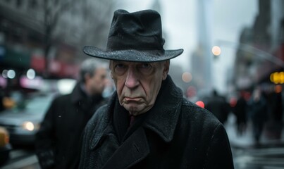 An older sad man wearing a hat and coat on a city street. Generative AI.