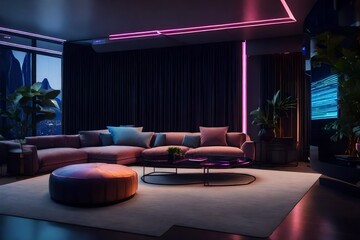 a smart and tech-savvy living room with integrated smart home features, cutting-edge entertainment systems, and sleek, futuristic design elements. - obrazy, fototapety, plakaty