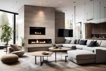 a modern living room with a stylish corner sofa, accentuated by a chic fireplace, harmonizing contemporary design with timeless warmth.
