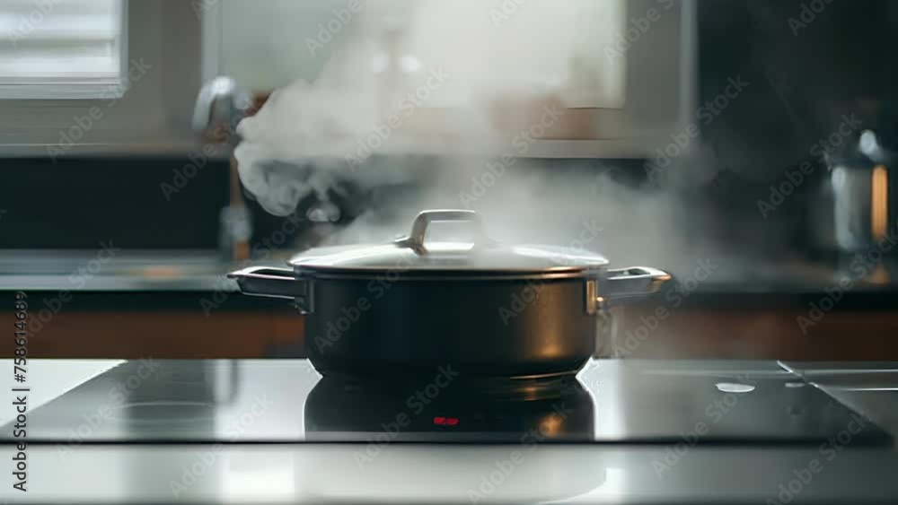 Poster steam rising from a pot on an induction cooktop demonstrating its precise temperature control.