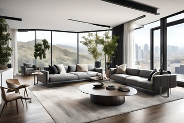 a modern living area featuring minimalist decor, a statement centerpiece, and panoramic windows, capturing the essence of contemporary interior design. - obrazy, fototapety, plakaty