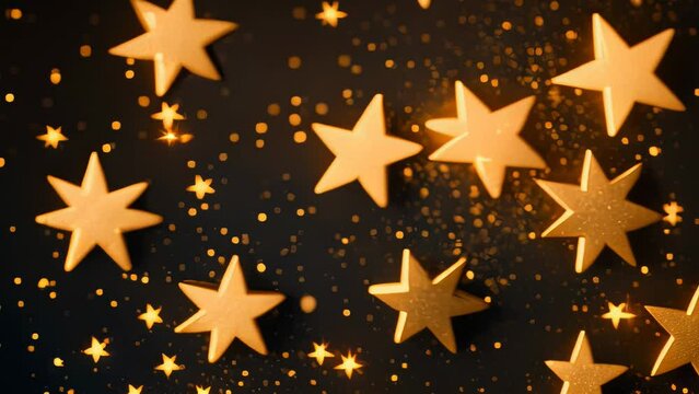 Video animation footage of  golden stars of various sizes scattered across a dark background. The stars are bright and shiny, resembling metallic or reflective material
