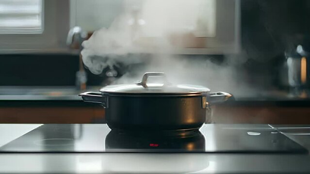 Steam rising from a pot on an induction cooktop demonstrating its precise temperature control.