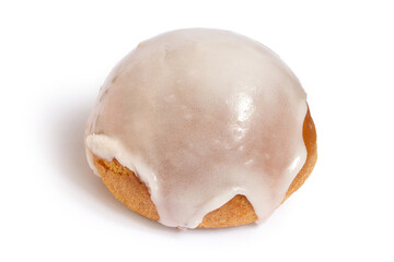 Sweet bun with sugar glaze on white background. Sweet bun.