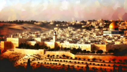 Fototapeta na wymiar a digital oil landscape painting in Jerusalem, illustrating the verse Jerusalem is built as a city