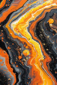 A painting of a black and orange swirl with gold specks