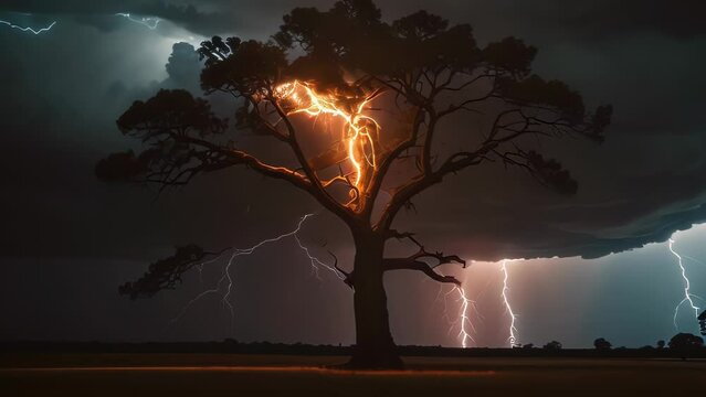 Video animation footage of dramatic scene where a lone tree is illuminated by multiple lightning strikes during a stormy night