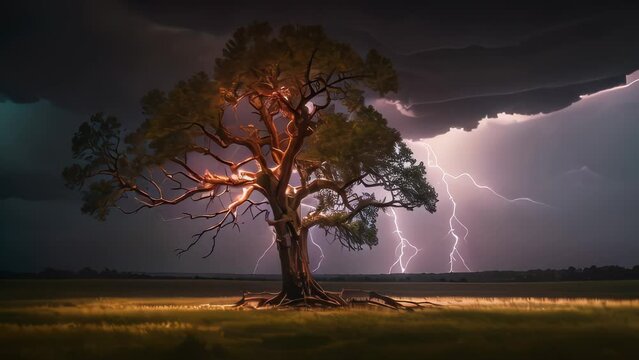Video animation footage of ramatic scene during a thunderstorm. A lone tree stands in an open field, illuminated by a powerful bolt of lightning