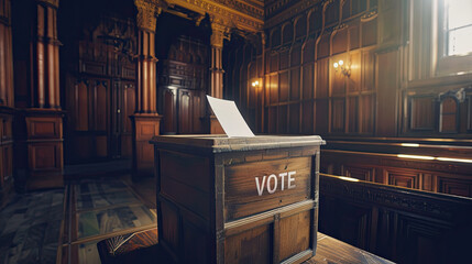Vintage wooden ballot box with a vote slip in an ornate oldfashioned room illuminated by soft natural light - obrazy, fototapety, plakaty
