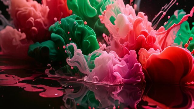 Video animation footage of ance of ink plumes dispersing in water. Bright red and green inks dominate the scene, creating a visually striking contrast