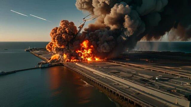 Video animation footage of massive explosion occurring on a bridge. The bridge is extensive and appears to be a major roadway with multiple lanes. A large ball of fire and smoke erupts from the center