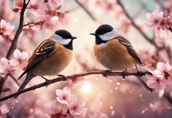 spring Vector birds background Wedding Pattern Summer Nature Art Easter Tree Illustration Love Home Cartoon Couple Green Cute Graphic Silhouette Valentine Decoration