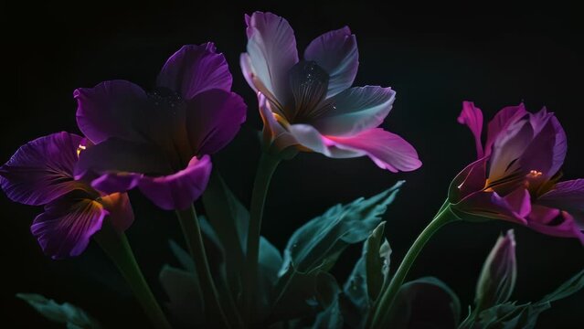 Video animation footage of ethereal blooms emerging from darkness. Against a deep, mysterious background, four prominent flowers take center stage