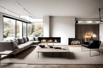 Poster a minimalist yet inviting ambiance with a corner sofa and a minimalist fireplace, embodying simplicity and sophistication in a living room retreat. © Muhammad