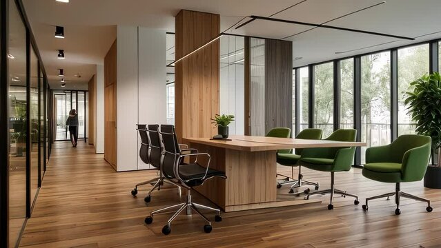 Video animation footage of 
The image portrays a modern corporate office space characterized by its clean lines, minimalist design, and professional ambiance