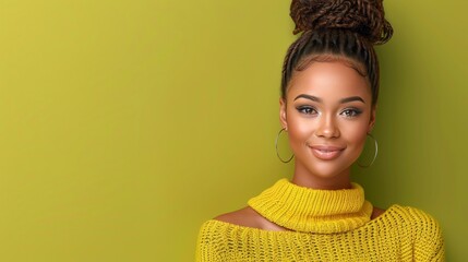 A woman with a yellow sweater and hoop earrings is smiling