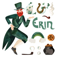 Leprechaun in a green suit and top hat. Set with horseshoe, clover, luck, ale, gold money, rainbow and smoking pipe. Symbol of Ireland. Isolated watercolor illustration on white background. Character.