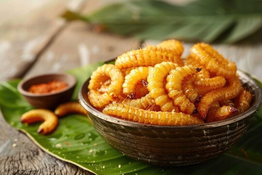 Fried silkworm or mealworm larvae in a wooden plate served with a green banana leaf. An alternative food, sustainable and environmentally friendly source of protein.