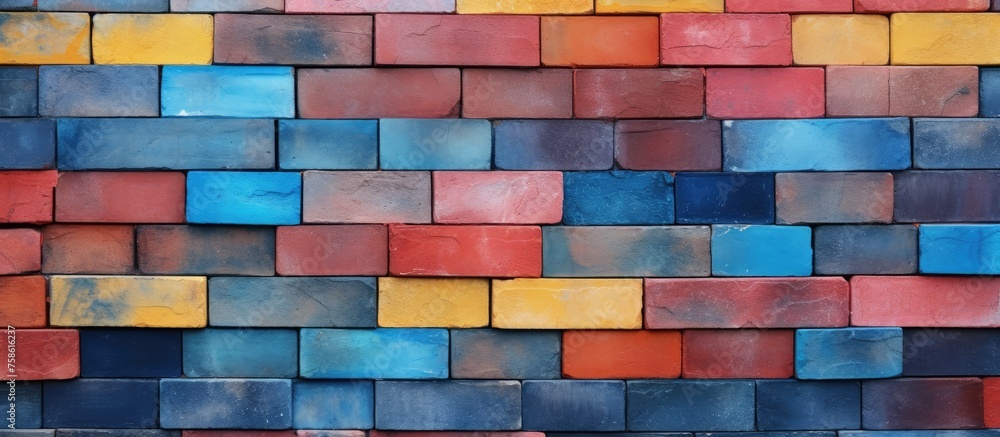 Aufkleber a closeup of a rectangular wall constructed with colorful bricks in shades of magenta and electric b