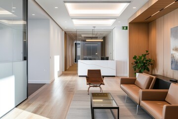 Fototapeta premium Corporate Business Photography of a Minimalist Office Design with Clean Lines and Neutral Colors, Generative AI