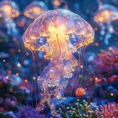 Majestic jellyfish exploring the colorful coral reefs of an underwater city,