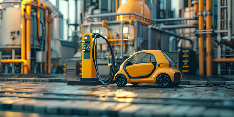 Synthetic fuels concept Transforming captured Smart yellow car connects her compact electric car Smart robot autopilot taxi rides along city street road Artificial intelligence controls the car. 