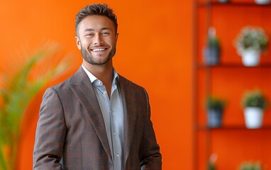 A man in a suit is smiling and standing in front of a wall with orange paint