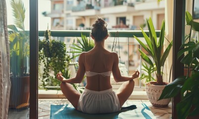 young woman doing yoga in her balcony, woman meditating in the morning - obrazy, fototapety, plakaty