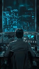 Cybersecurity Professional Analyzing Portfolio Performance in a Futuristic Anime-style Office