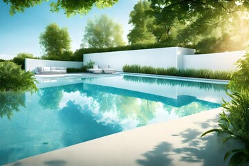 modern swimming pool with blue water enjoy for people in summer - obrazy, fototapety, plakaty
